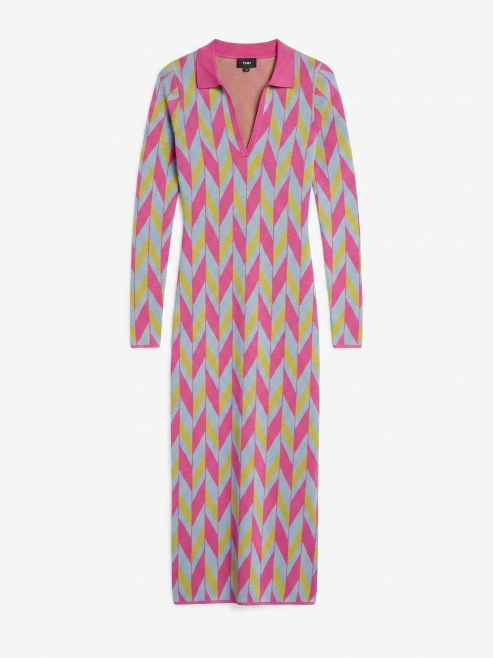 Blanc Y2K Pink Multi Chevron Knit Long Sleeve Polo Midi Dress  Retro M